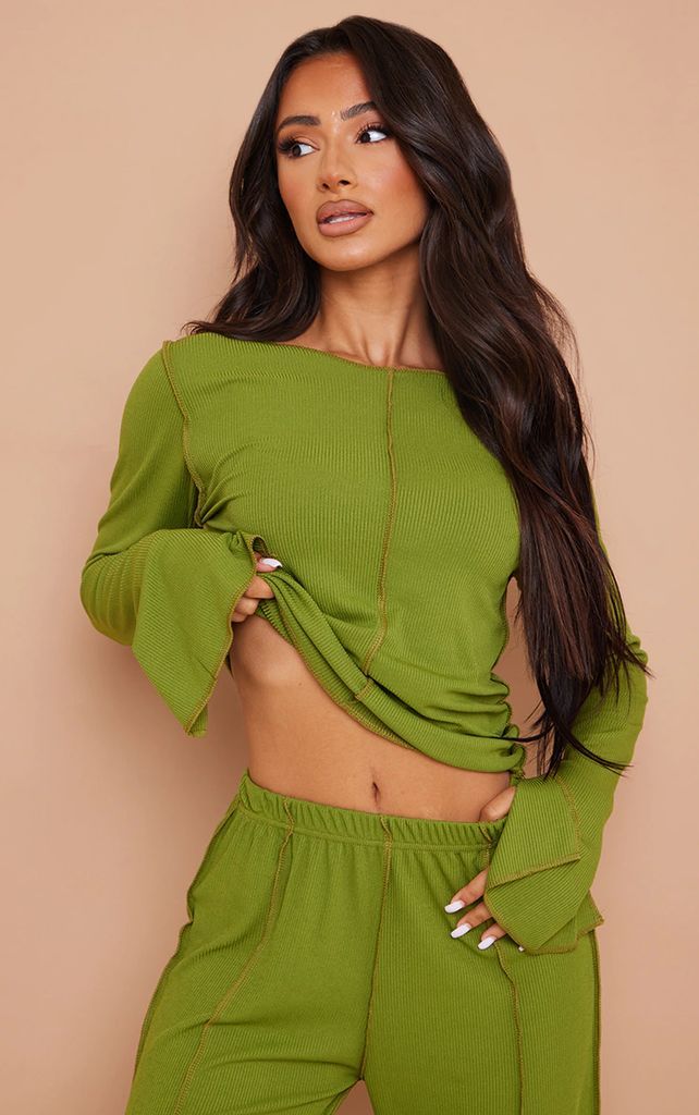 Petite Olive Ribbed Seam Detail Long Sleeve Top