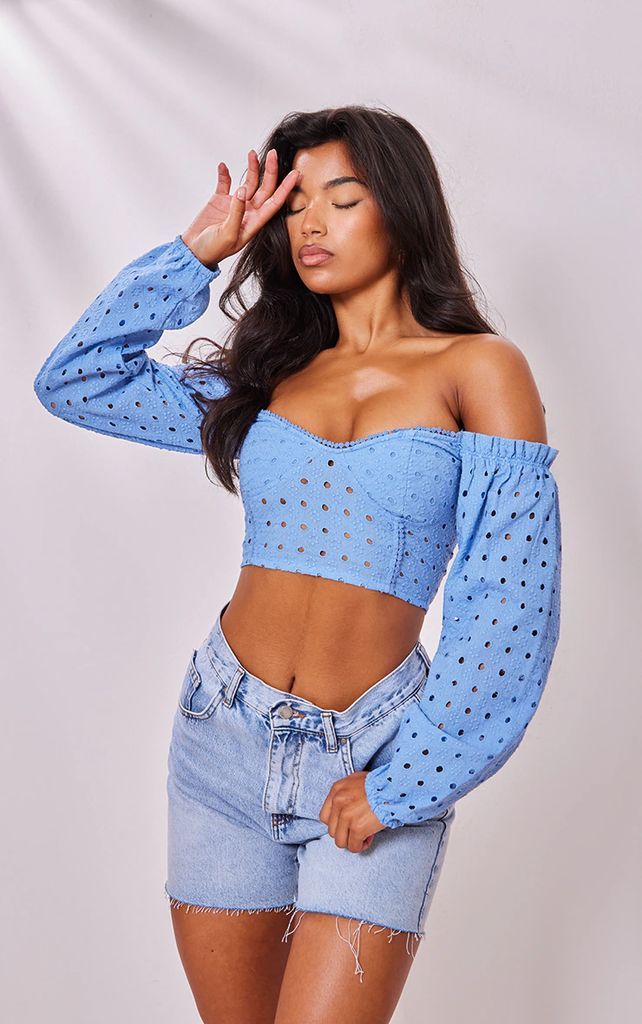 Blue Broderie Off The Shoulder Puff Sleeve Crop Top, Blue