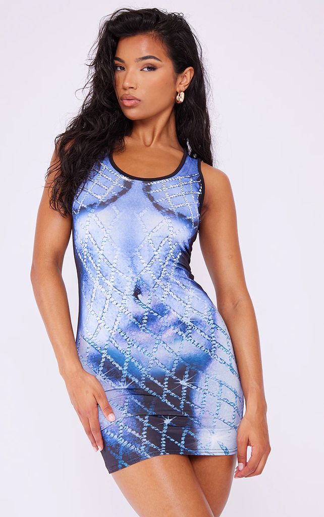 Blue Body Print Slinky Strappy Bodycon Dress, Blue