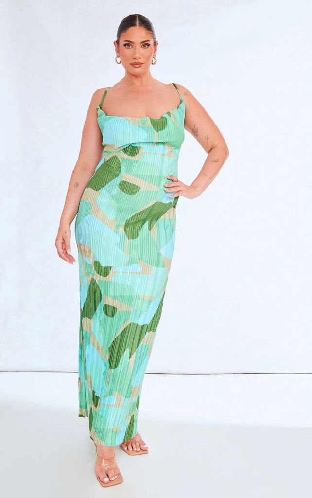 Plus Green Green Abstract Print Plisse Strappy Maxi Dress, Green