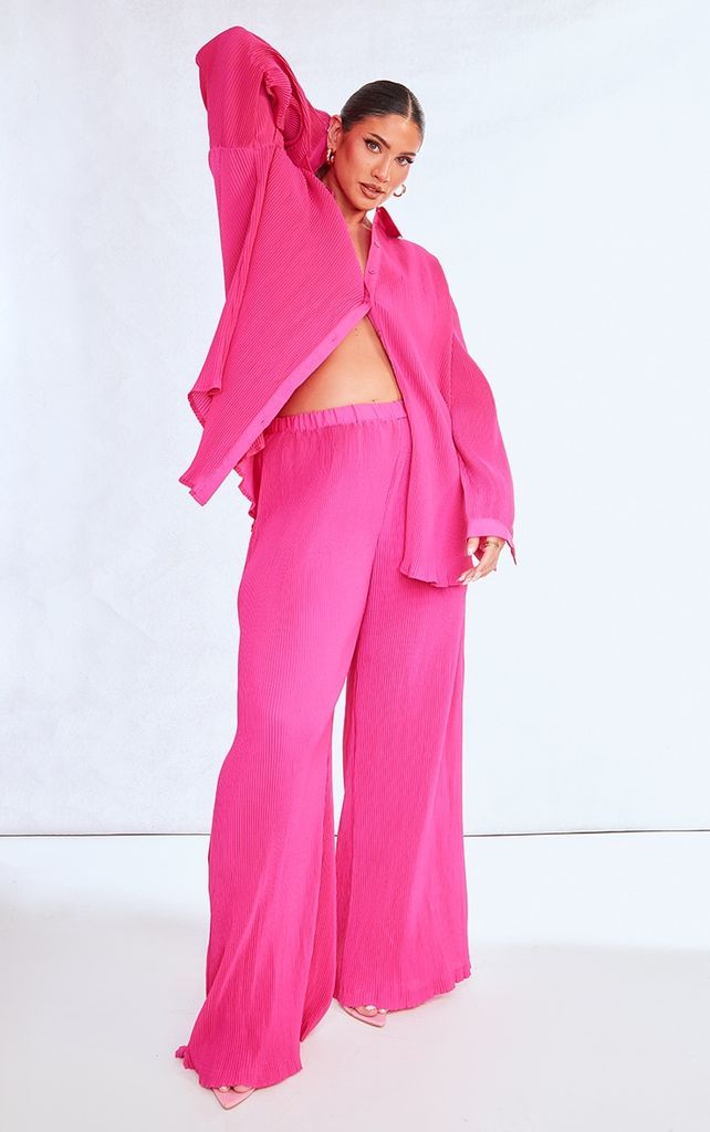 Plus Hot Pink Plisse High Waisted Wide Leg Trousers, Hot Pink