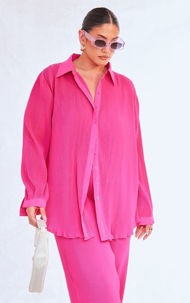Plus Hot Pink Plisse Button Front Oversized Shirt, Hot Pink