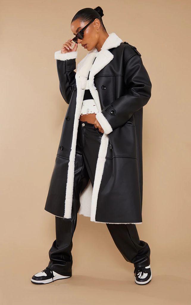 Black Faux Fur Contrast Faux Leather Coat