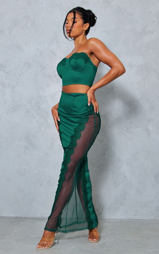 Emerald Green Satin Lace Panel Midaxi Skirt