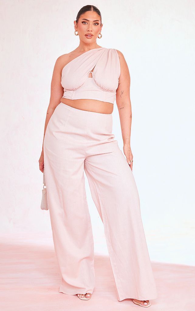 Plus Dusty Pink Ruched Bum Wide Leg Trousers, Dusty Pink