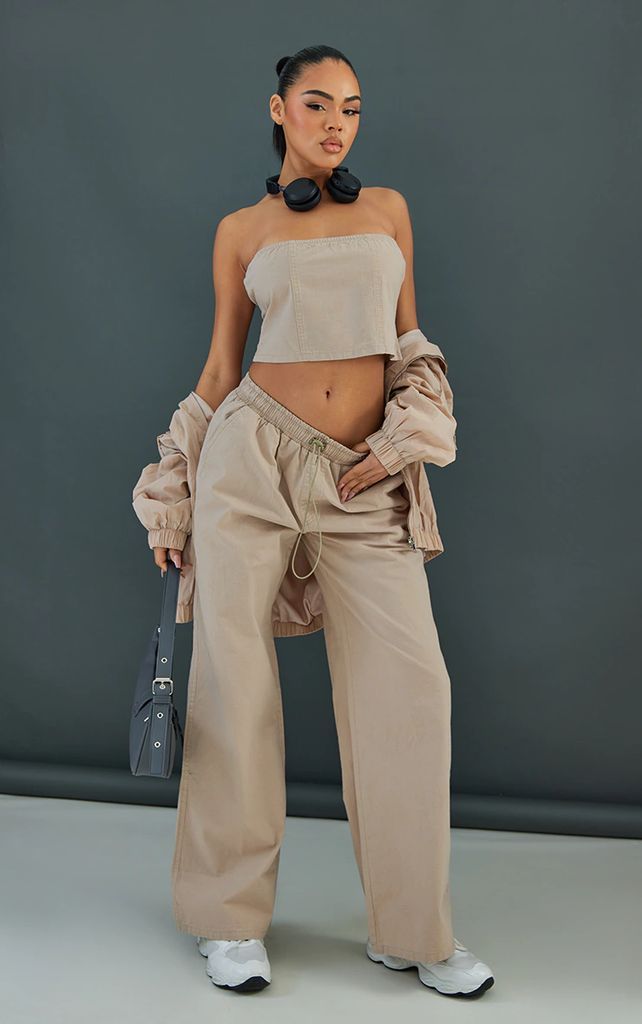 Stone Ribstop Elasticated Waist Wide Leg Trousers