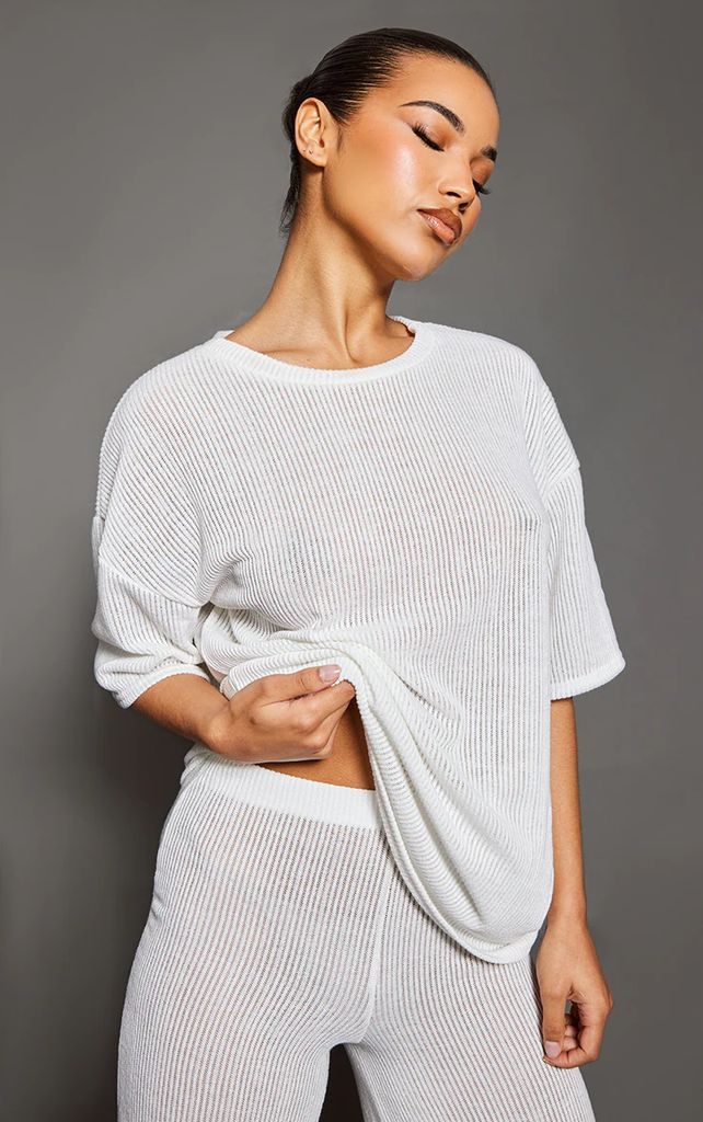 Cream Sheer Soft Rib Oversized T-shirt