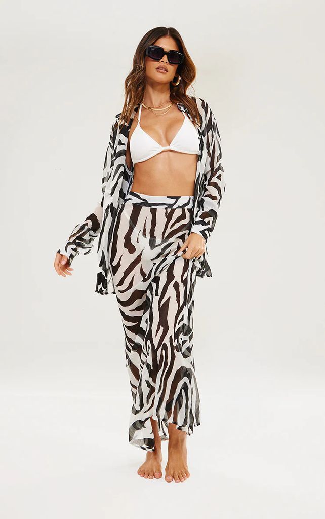 Monochrome Zebra Print Beach Maxi Skirt, Black