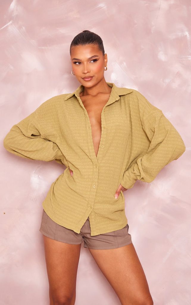 Olive Ruched Cuff Shirt, Olive.