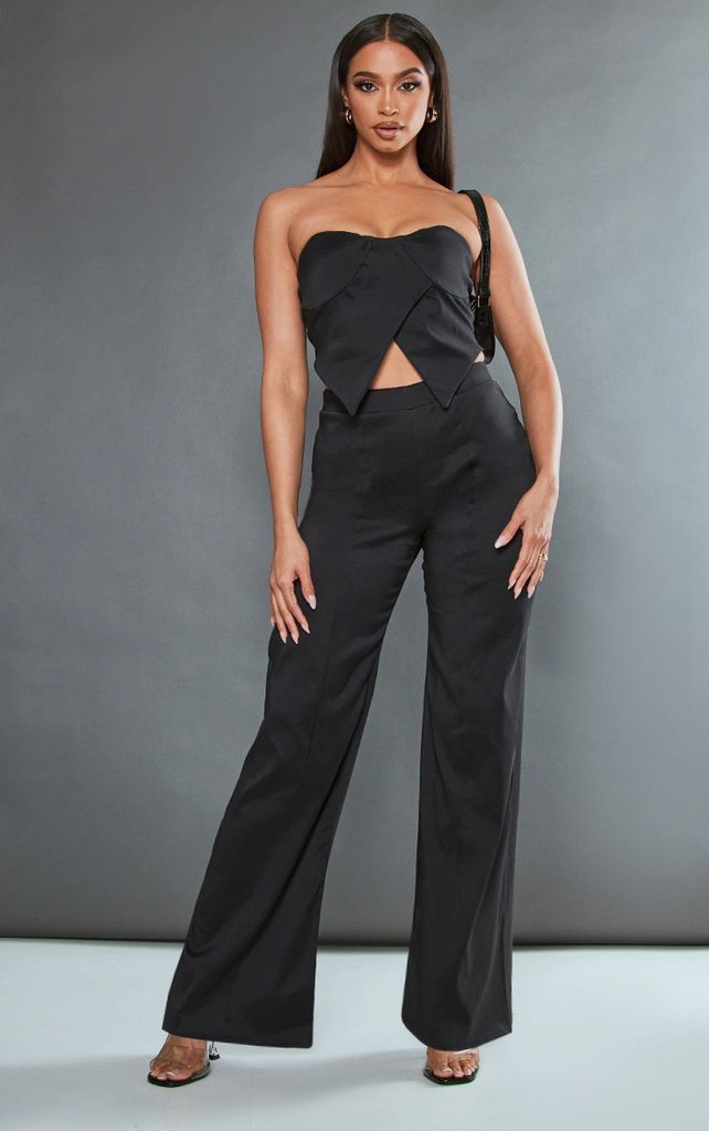 Black Stretch Woven Pintuck Flare Trousers