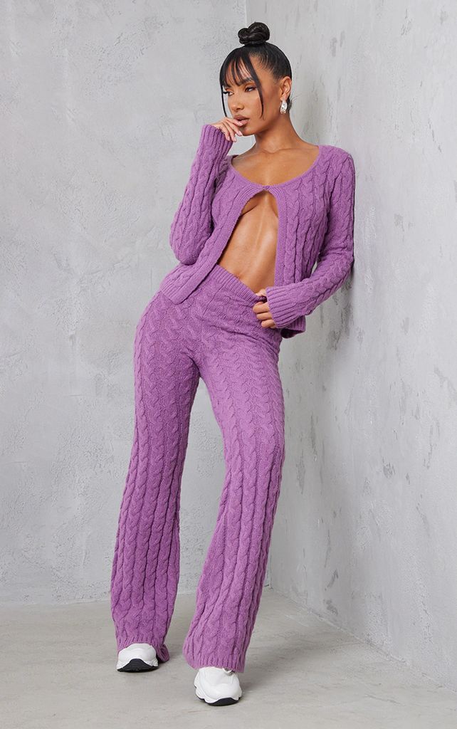 Dark Lilac Cable Knit Wide Leg Knit Trousers