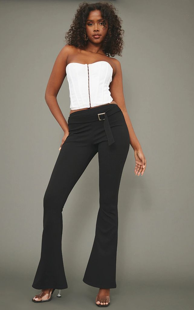 Black Crepe Belted Skinny Flare Trousers