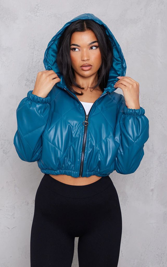 Teal Cropped Faux Leather Diamond Quilted Puffer