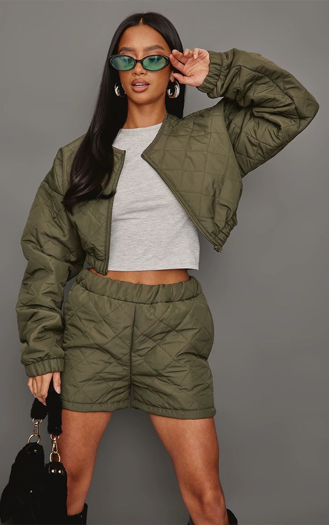 Petite Khaki Cropped Quilted Jacket