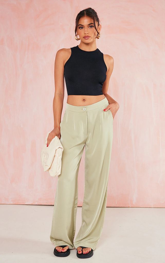 Sage Green Satin Tailored Mid Rise Trousers, Sage Green