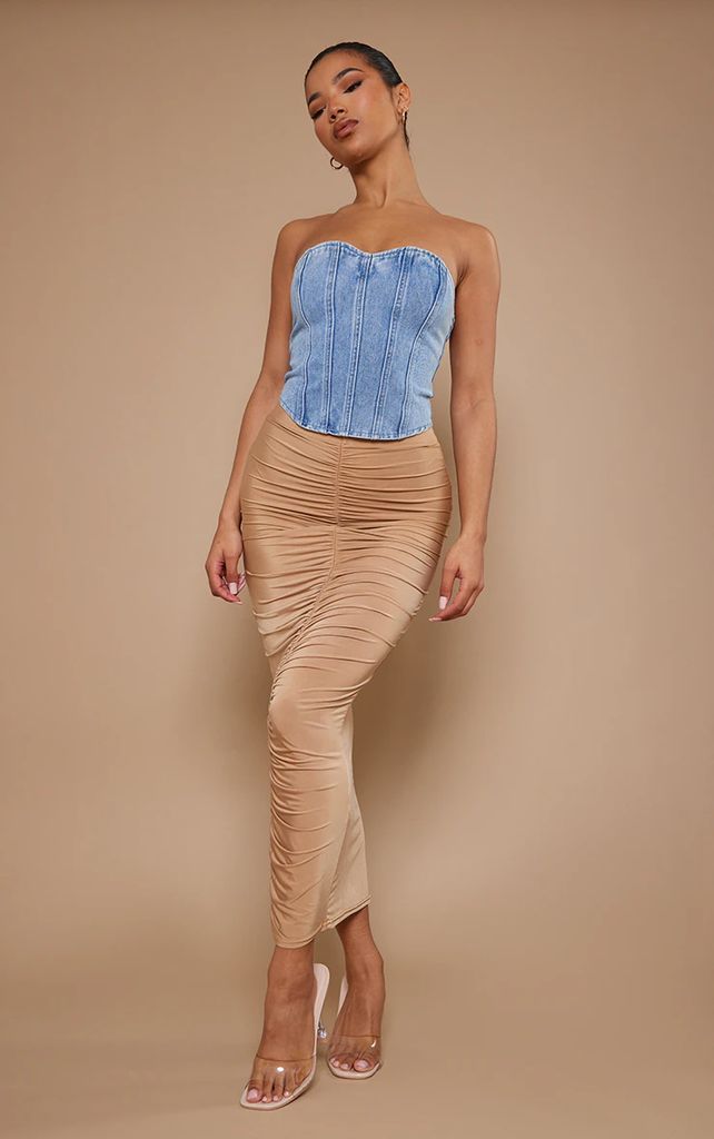 Camel Slinky Ruched Front Detail Maxi Skirt