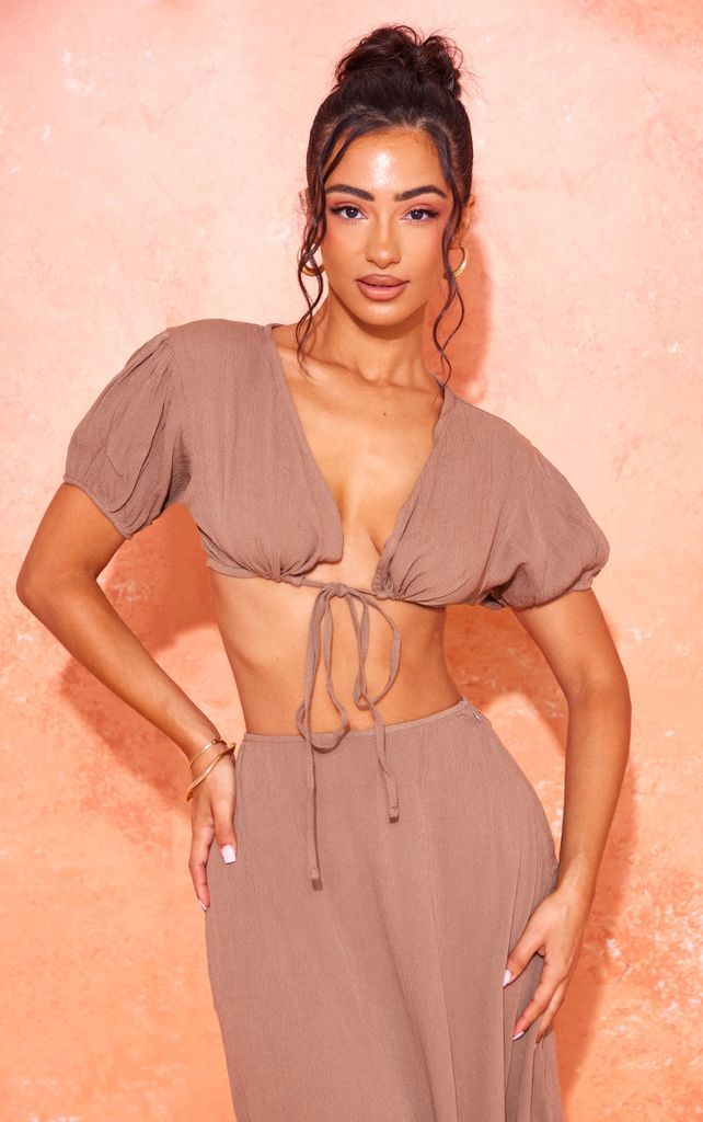 Petite Taupe Cheesecloth Tie Front Crop Top, Brown
