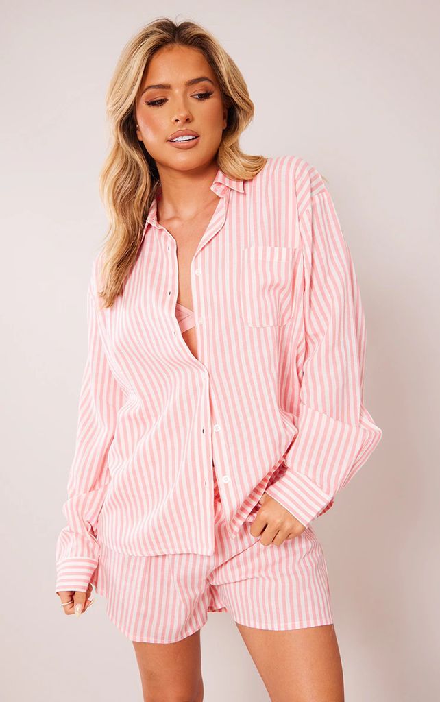 Pink Tonal Stripe Linen Look Oversized Shirt, Pink
