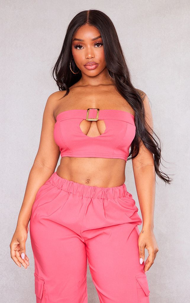 Shape Hot Pink Stretch Woven Buckle Detail Bandeau Crop Top, Hot Pink