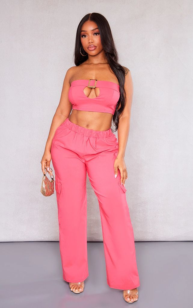 Shape Hot Pink Stretch Woven Pocket Detail Wide Leg Trousers, Hot Pink