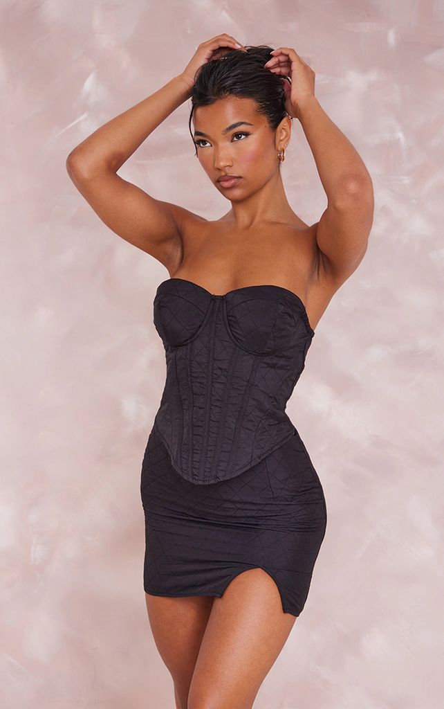 Black Quilted Woven Cup Detail Bandeau Corset, Black