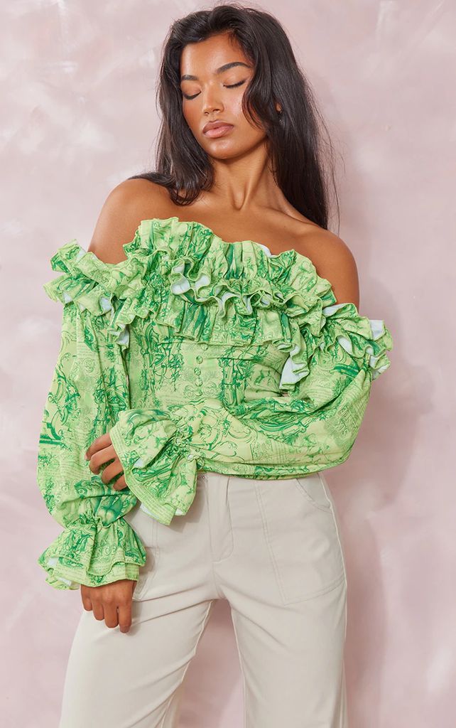 Lime Renaissance Print Ruffle Hem Off Shoulder Long Sleeve Blouse, Green