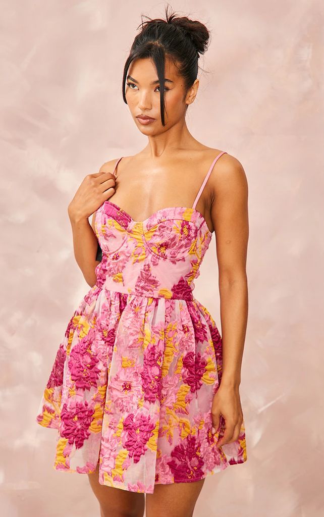 Pink Floral Organza Jacquard Underwired Shift Dress, Pink