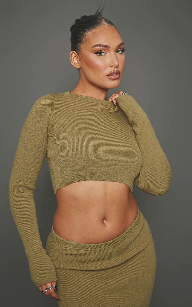 Pine Green Soft Rib Knitted Long Sleeve Crop Top