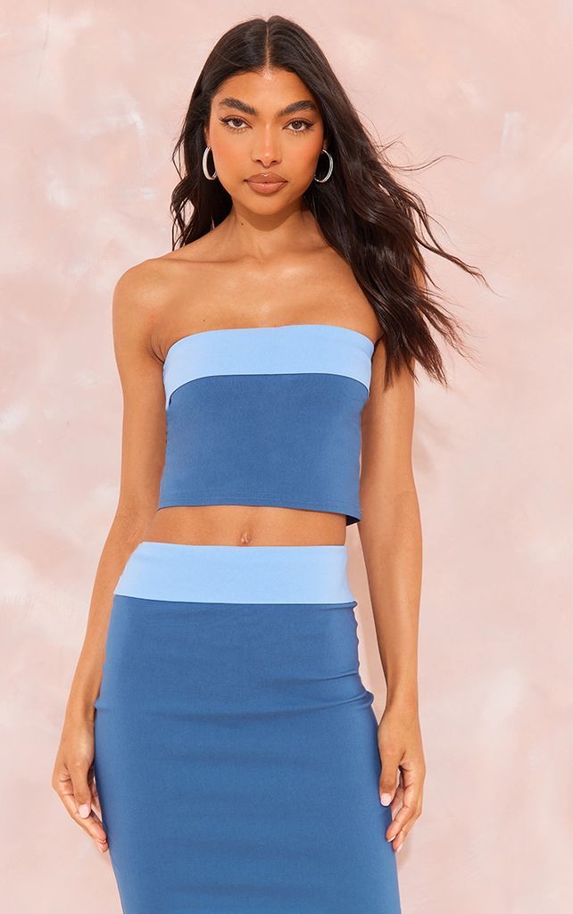 Tall Blue Contrast Fold Over Bandeau Top, Blue