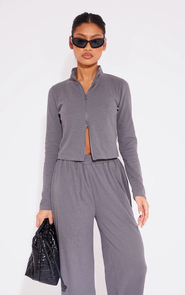 Charcoal Wide Rib Double Zip Through Top