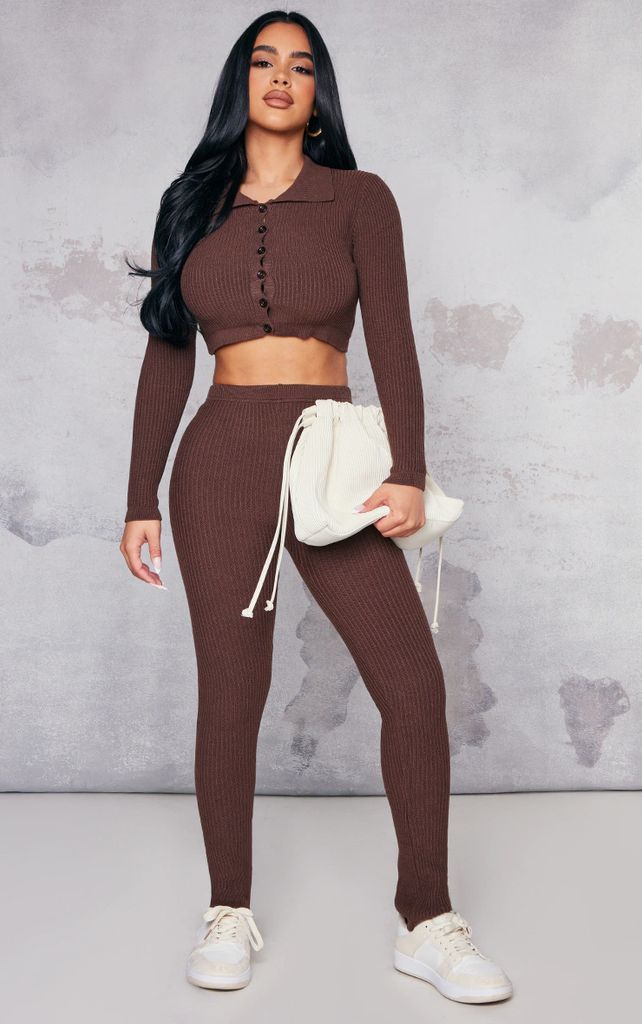 Petite Chocolate Knitted Rib High Waisted Skinny Flares