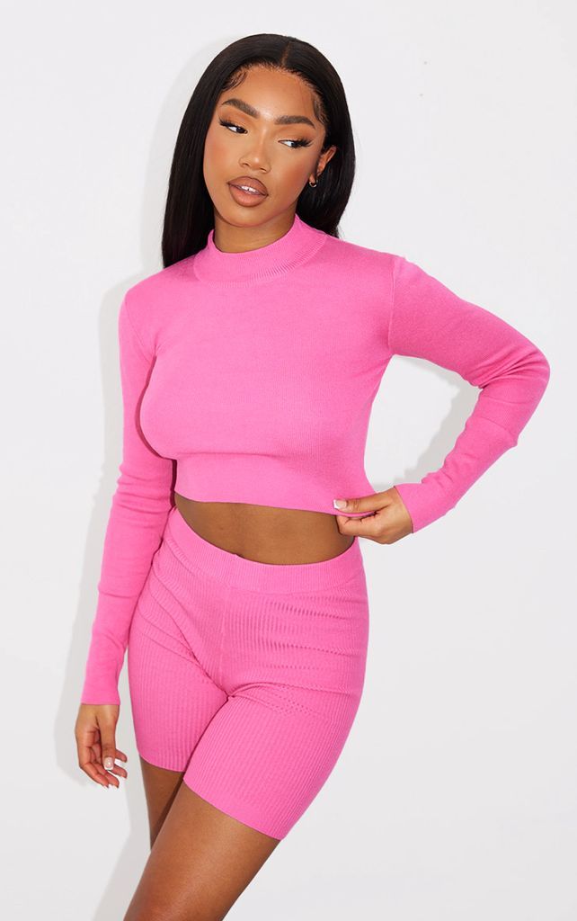 Bright Pink Turtle Neck Long Sleeve Knit Long Top