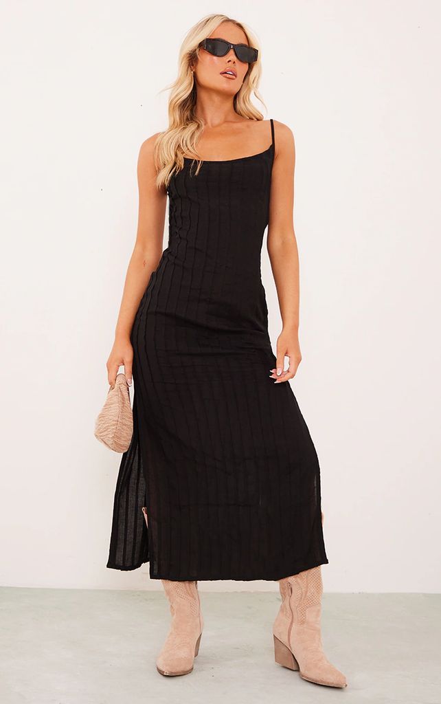 Black Linen Look Pleat Detail Split Side Midaxi Dress, Black