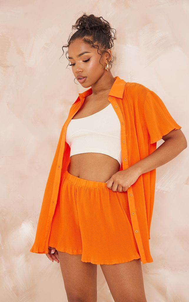 Bright Orange Plisse Button Front Oversized Short Sleeve Shirt, Bright Orange