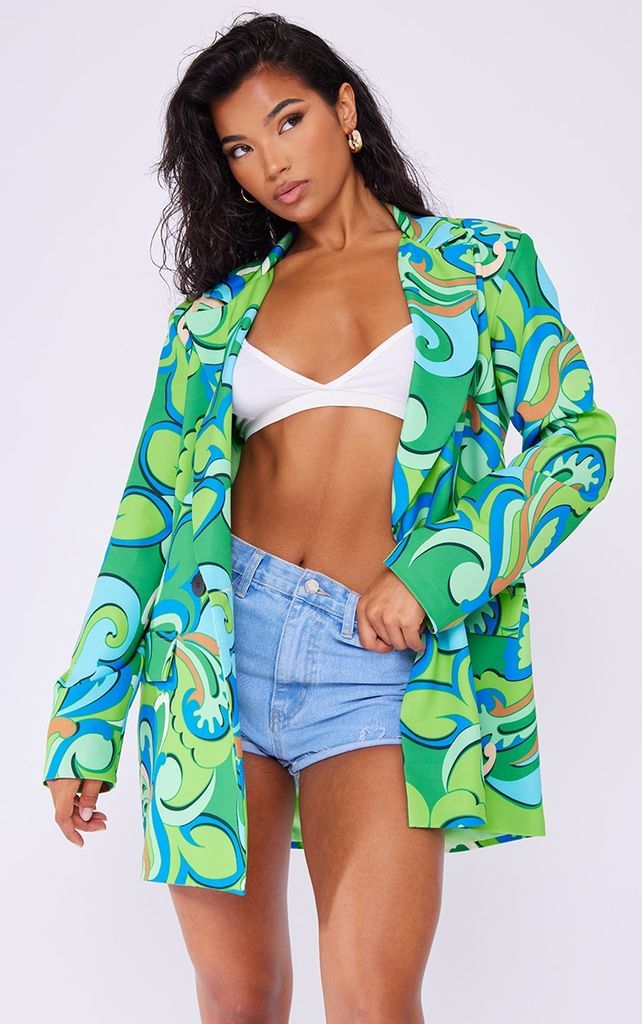 Green Printed Double Breasted Flap Pocket Oversized Blazer, Green