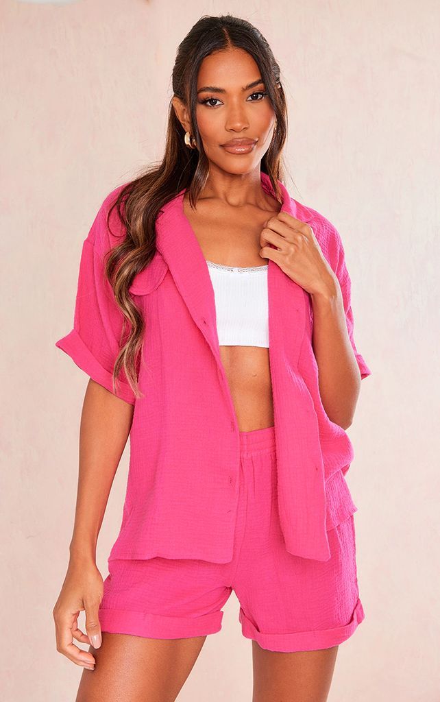 Hot Pink Cotton Cheesecloth Oversized Turn Up Hem Floaty Short, Hot Pink