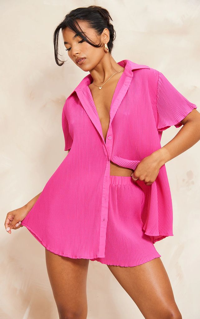 Hot Pink Plisse Button Front Oversized Short Sleeve Shirt, Hot Pink