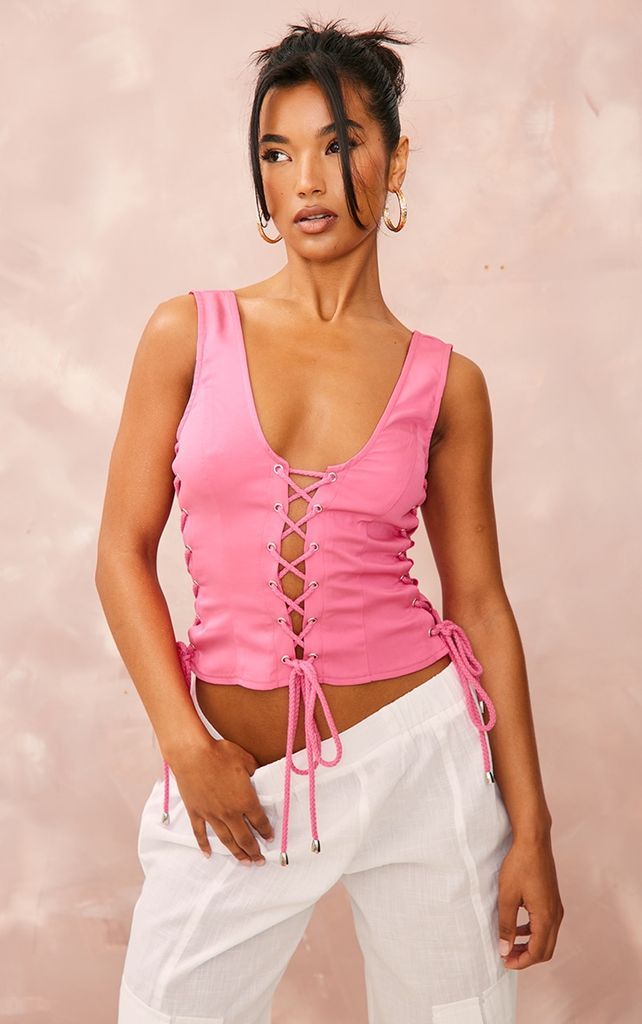 Hot Pink Woven Lace Up Detail Plunge Sleeveless Top, Hot Pink