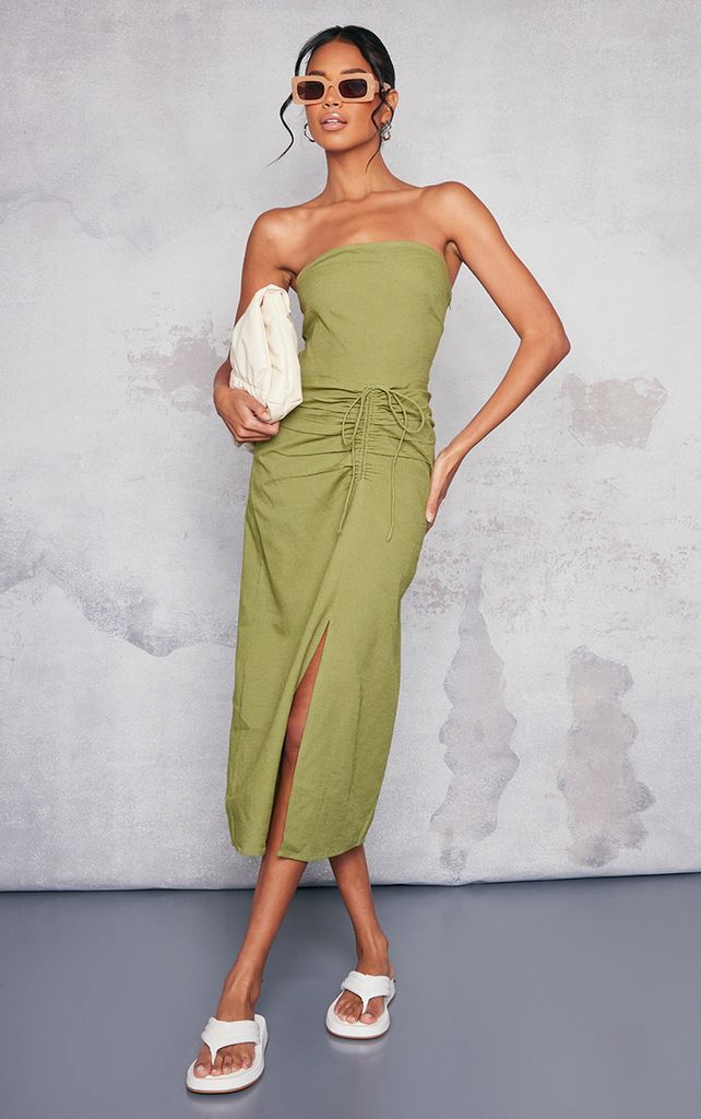 Khaki Linen Look Bandeau Ruched Detail Midaxi Dress, Green