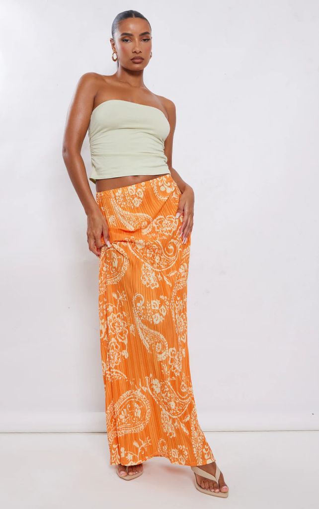 Orange Blurred Floral Printed Plisse Maxi Skirt, Orange