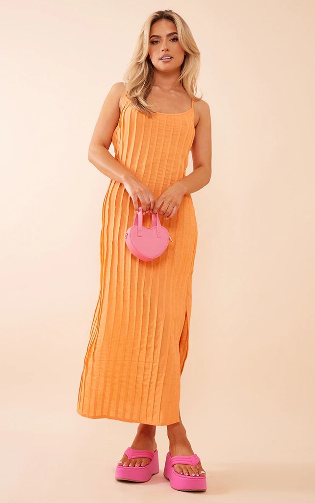 Orange Linen Look Pleat Detail Split Side Midaxi Dress, Orange