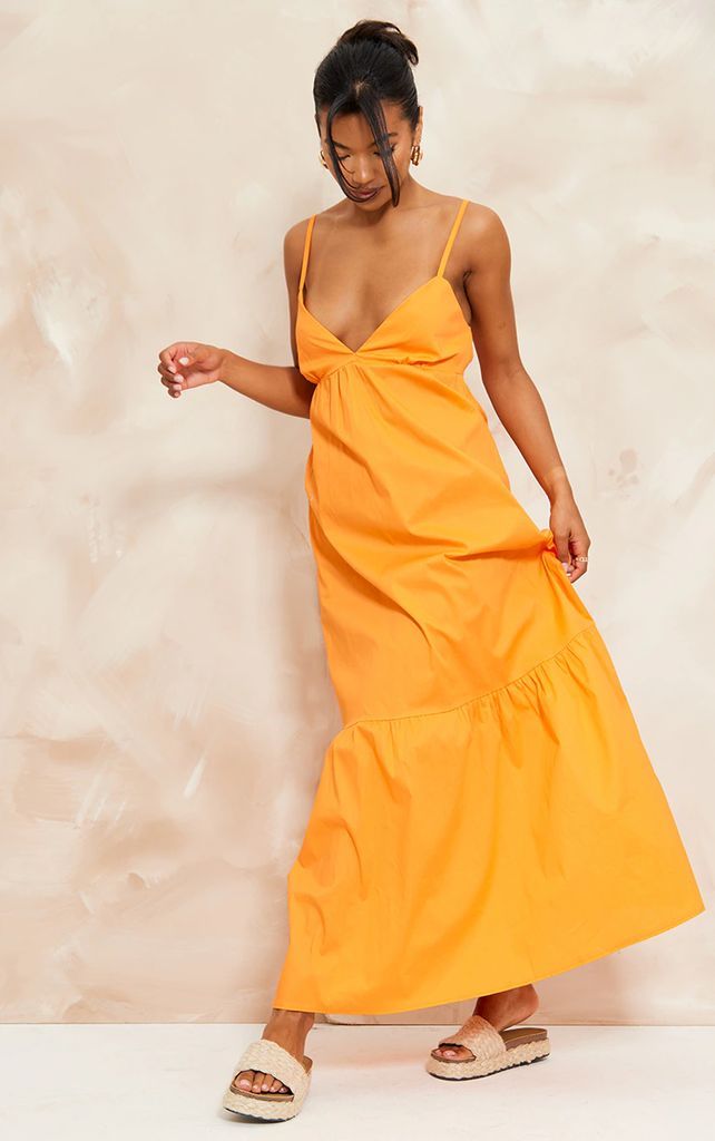 Orange Tiered Strappy Smock Maxi Dress, Orange