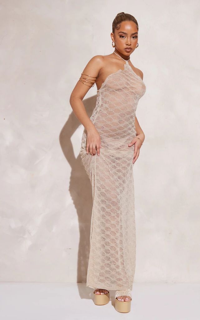 Petite Oatmeal Sheer Knitted Maxi Dress, Oatmeal