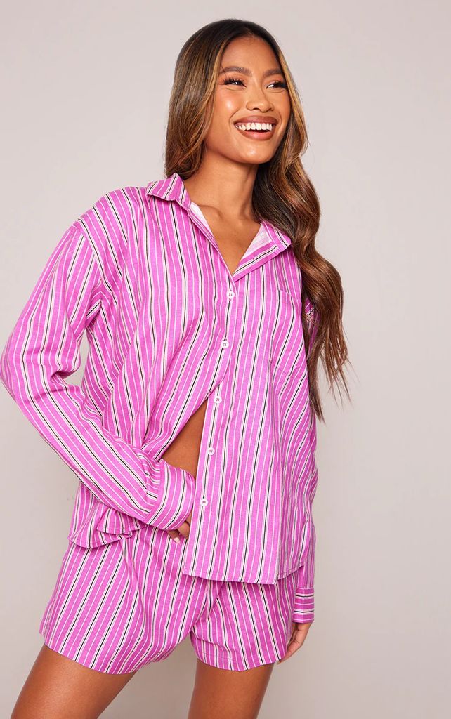 Pink Stripe Linen Look Pocket Front Long Sleeve Oversized Shirt, Pink
