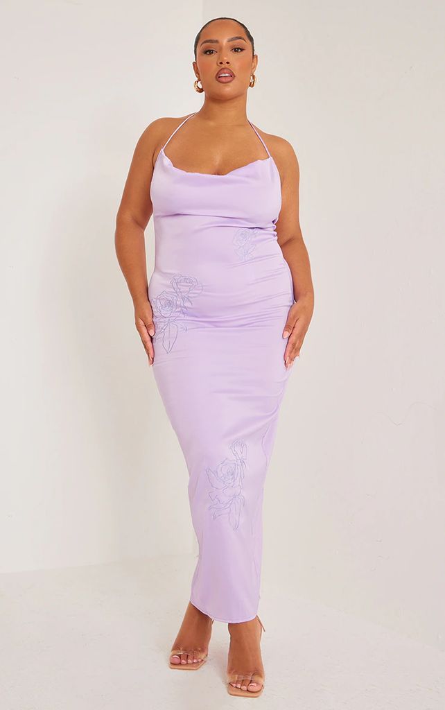 Plus Lilac Halterneck Satin Embroidered Maxi Dress, Purple