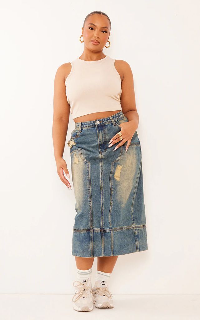 Plus Vintage Wash Distressed Denim Midi Skirt, Vintage Wash