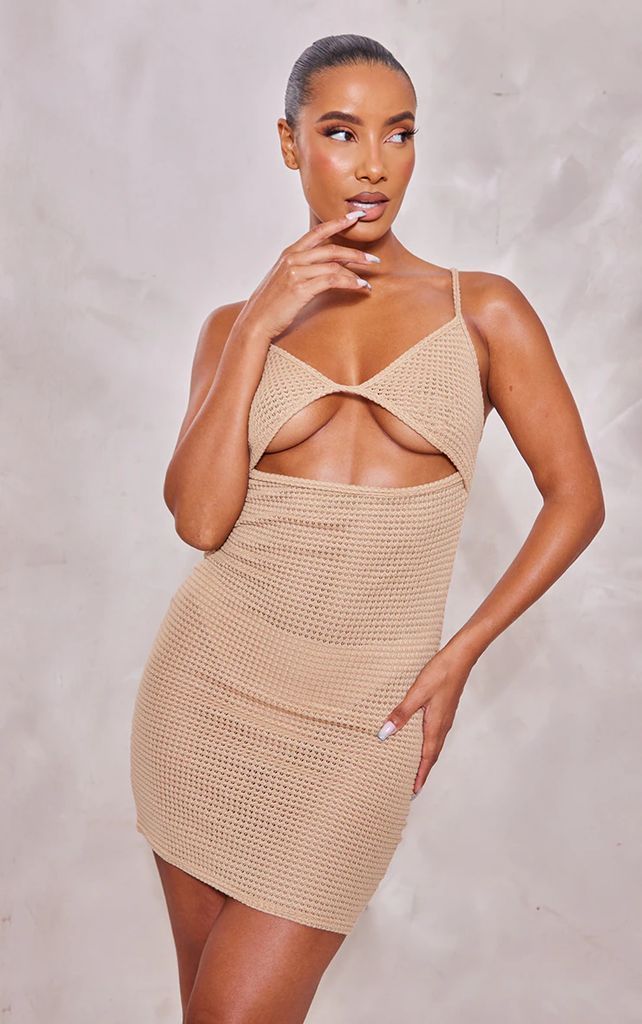 Soft Brown Knitted Texture Cut Out Strappy Bodycon Dress, Soft Brown