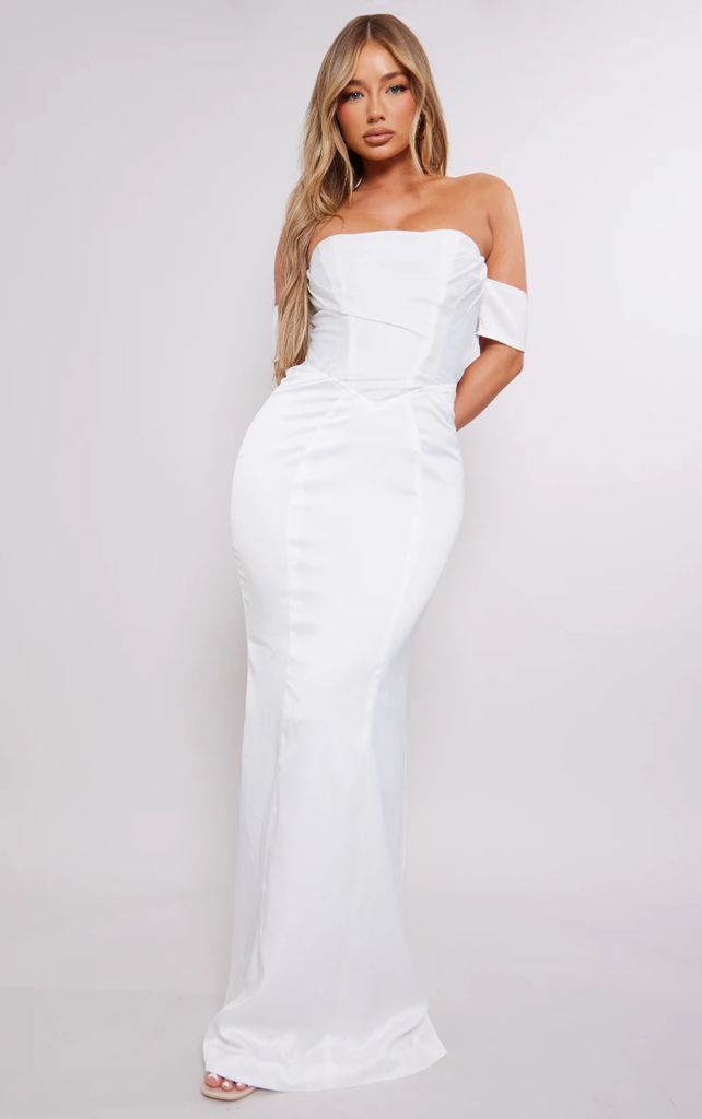 White Corset Bardot Cut Out Back Maxi Dress, White