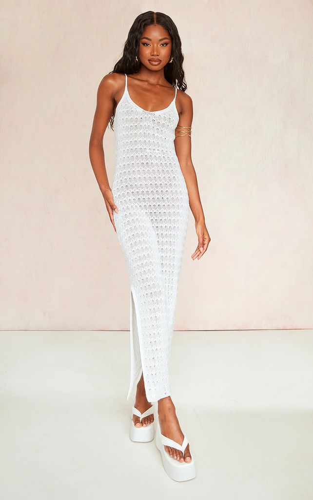 White Crochet Knitted Side Split Maxi Dress, White