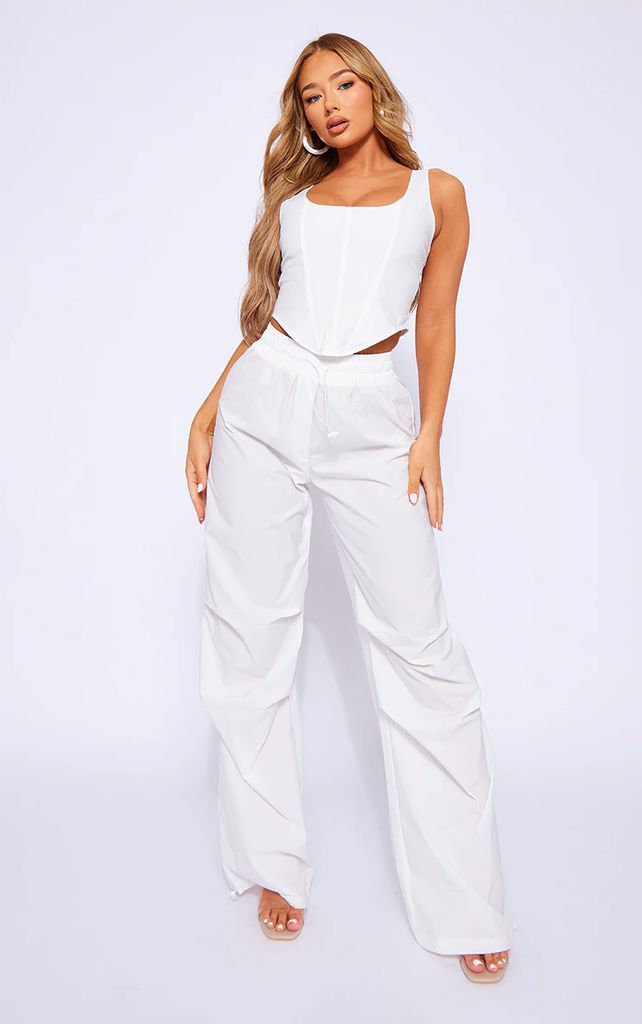 White Shell Toggle Drawstring Ruched Cargo Trousers, White